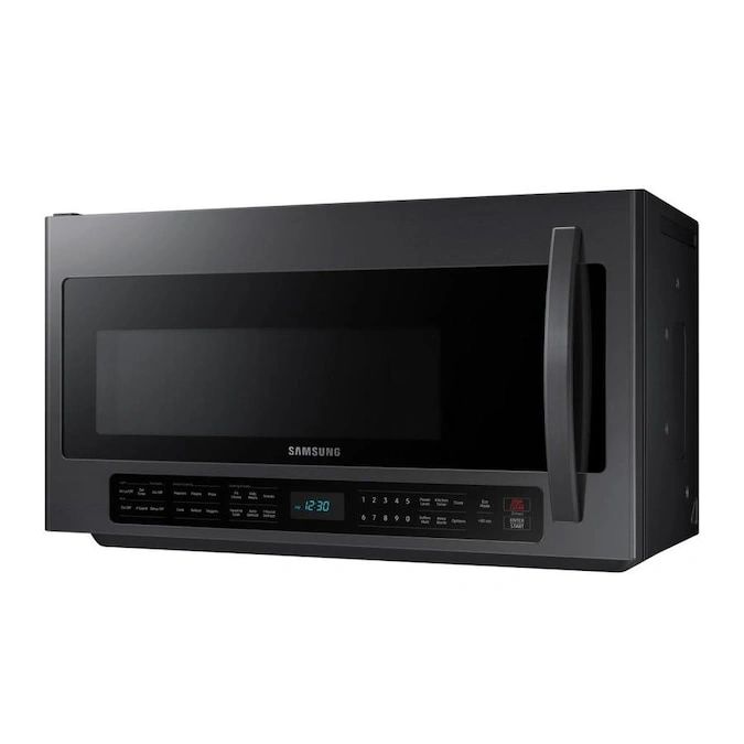 New in Box. Samsung 2.1-cu ft Over-the-Range Microwave with Sensor Cooking (Fingerprint Resistant Black Stainless Steel). Model: ME21R7051SG