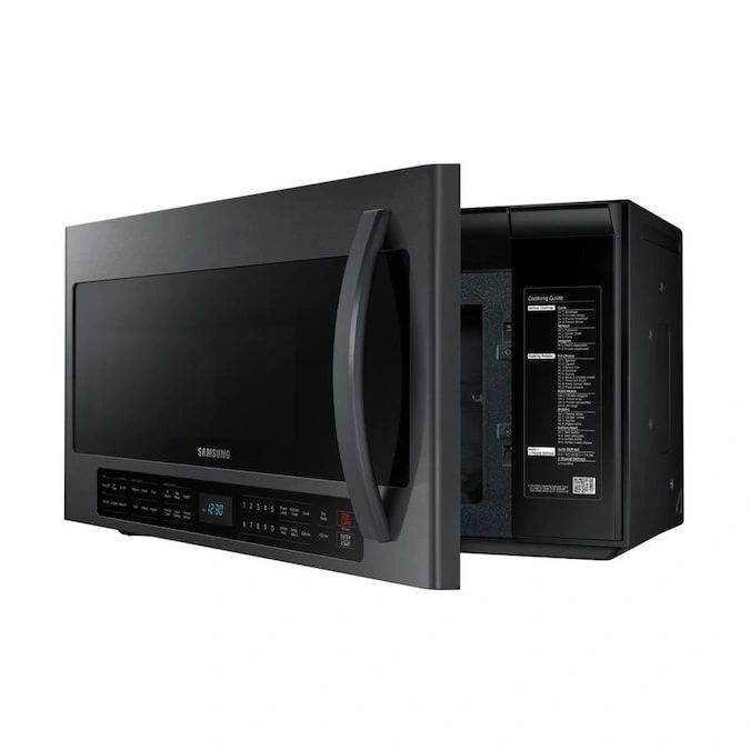 New in Box. Samsung 2.1-cu ft Over-the-Range Microwave with Sensor Cooking (Fingerprint Resistant Black Stainless Steel). Model: ME21R7051SG