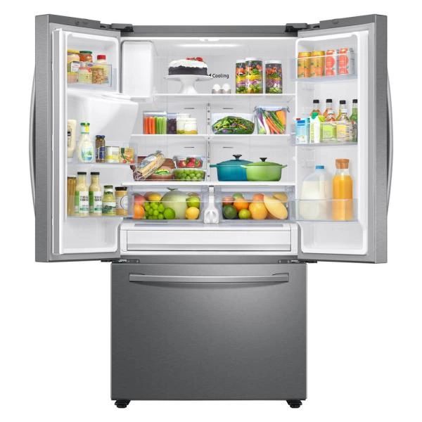New Dent and Scratch. Samsung 27 cu. ft. French Door Refrigerator in Fingerprint Resistant Stainless Steel. Model: RF27T5201SR