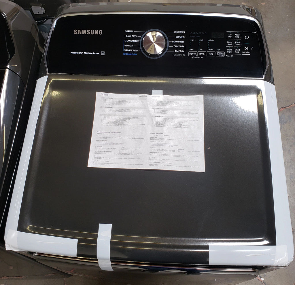 NEW Scratch & Dent. Samsung 7.4 cu. ft. 240-Volt Black Stainless Steel Electric Dryer with Steam Sanitize ENERGY STAR. Model: DVE54R7200V