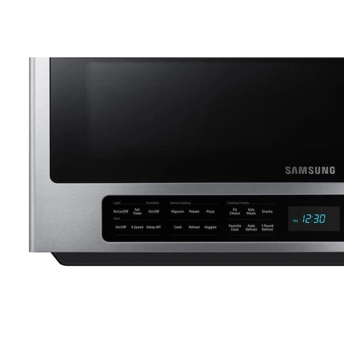 New in Box. Samsung 2.1-cu ft Over-the-Range Microwave with Sensor Cooking (Fingerprint Resistant Stainless Steel). Model: ME21R7051SS