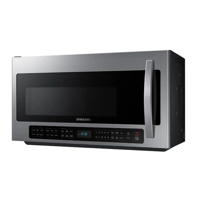 New in Box. Samsung 2.1-cu ft Over-the-Range Microwave with Sensor Cooking (Fingerprint Resistant Stainless Steel). Model: ME21R7051SS