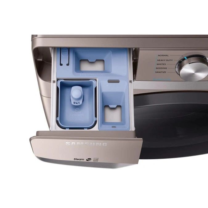 New in Box. Set of Samsung Champagne Washer + Electric Dryer with Steam. Models: DVE45R6100C, WF45R6100AC.