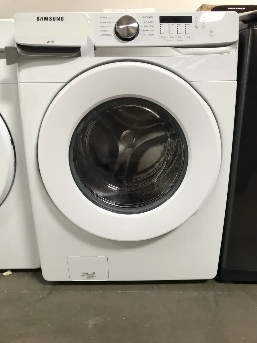 New Dent & Scratch. Set of Samsung Washer 27 in. 4.5 cu. ft. High-Efficiency White Front Load Washing Machine with Self-Clean+, ENERGY STAR + 7.5 cu. ft. 120-Volt White Gas Dryer with Sensor Dry (Pedestals Sold Separately). Model: DVG45T6000W, WF45T6000AW