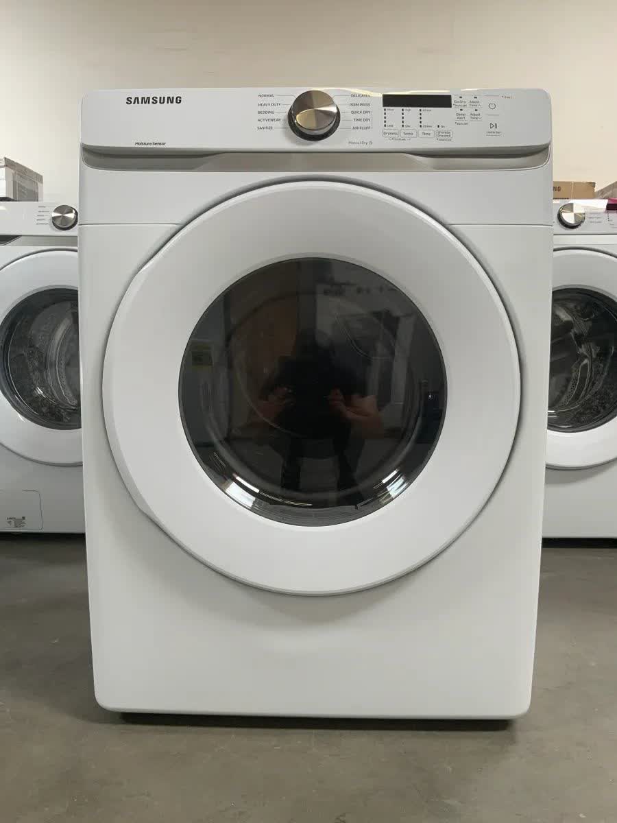 New Dent & Scratch. Set of Samsung Washer 27 in. 4.5 cu. ft. High-Efficiency White Front Load Washing Machine with Self-Clean+, ENERGY STAR + 7.5 cu. ft. 120-Volt White Gas Dryer with Sensor Dry (Pedestals Sold Separately). Model: DVG45T6000W, WF45T6000AW