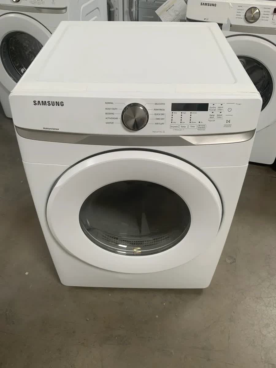 New Dent & Scratch. Set of Samsung Washer 27 in. 4.5 cu. ft. High-Efficiency White Front Load Washing Machine with Self-Clean+, ENERGY STAR + 7.5 cu. ft. 120-Volt White Gas Dryer with Sensor Dry (Pedestals Sold Separately). Model: DVG45T6000W, WF45T6000AW