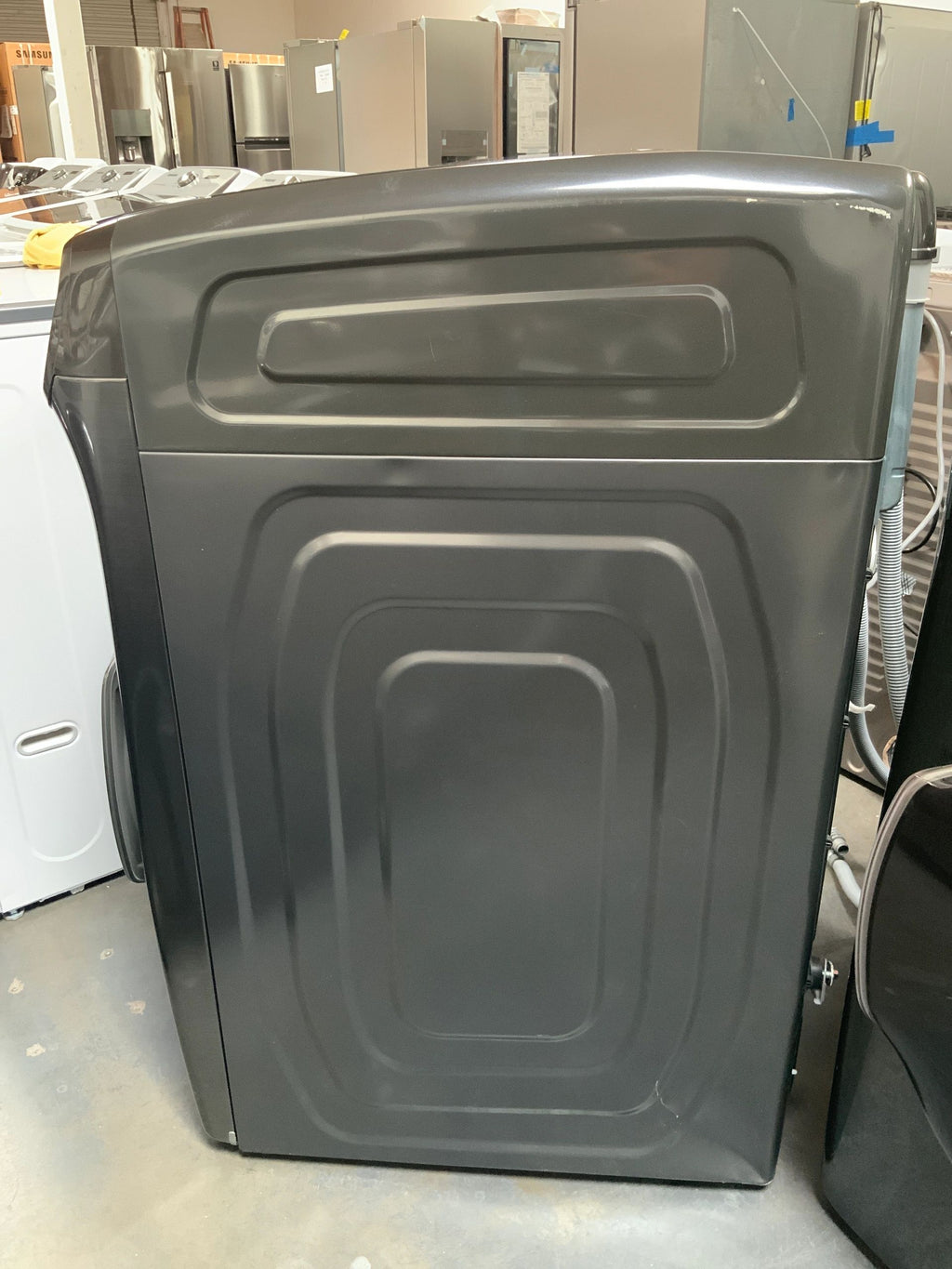 New Open Box. Set of Washer 5.5 Total cu. ft. High-Efficiency FlexWash Washer in Black Stainless, with Dryer 7.5 Total cu. ft. Electric FlexDry with Steam in Black Stainless. Models: WV55M9600AV, DVE55M9600V