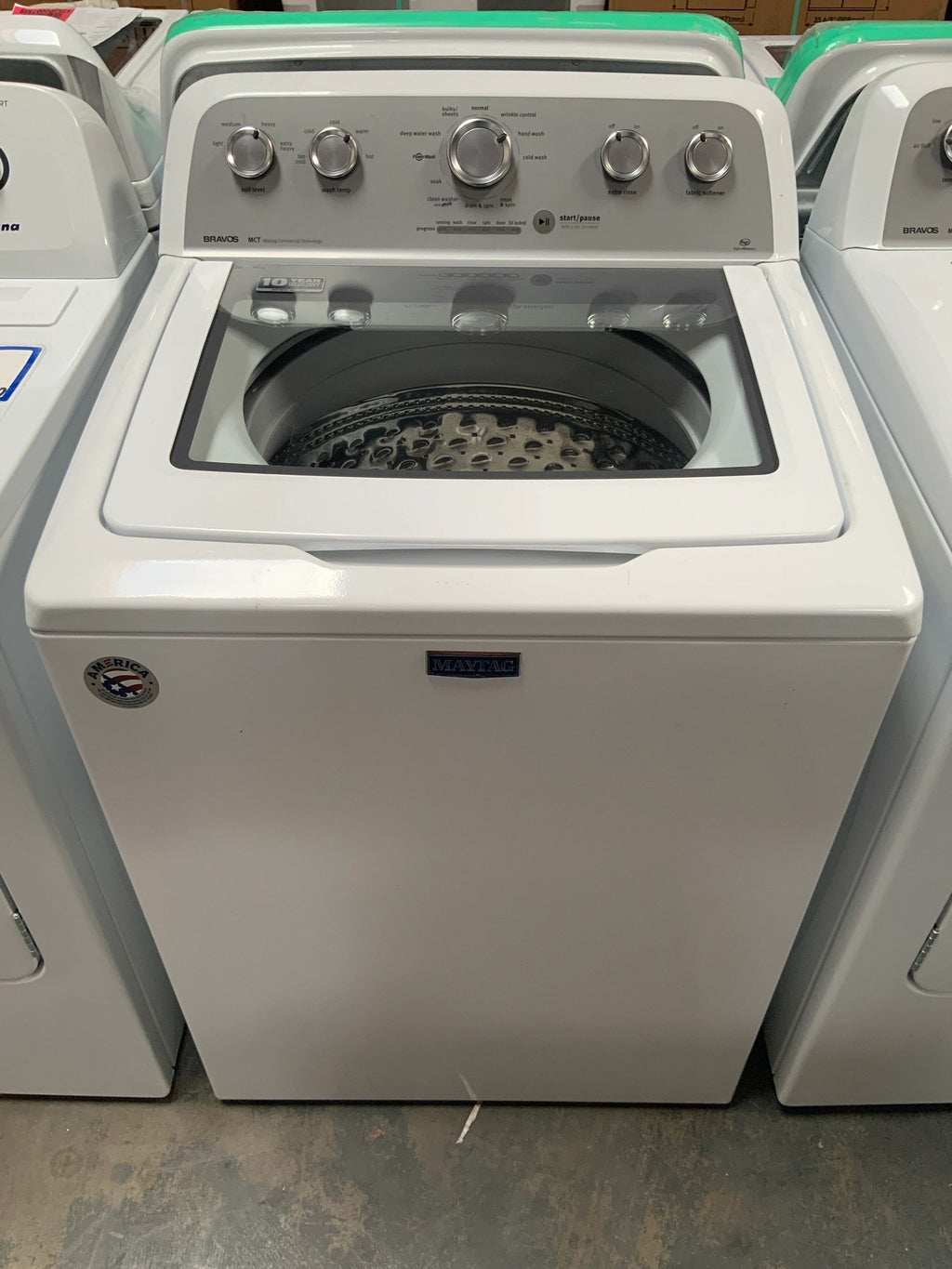 New Open Box. Set of Washer Maytag 4.3-cu ft High Efficiency Impeller Top-Load Washer (White) and Dryer Maytag Bravos 7.0 cu. ft. Electric Dryer in White. Model: MEDX655DW1, MVWX655DW